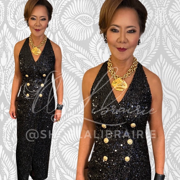 Balmain Black Sequin Gown with Gold Accent Buttons